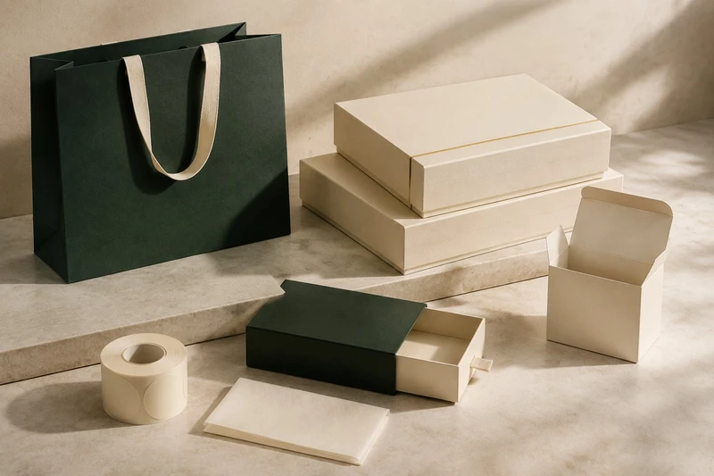 Ein abgestimmtes Set aus Boxen, Papiertüten und Verpackungsdetails